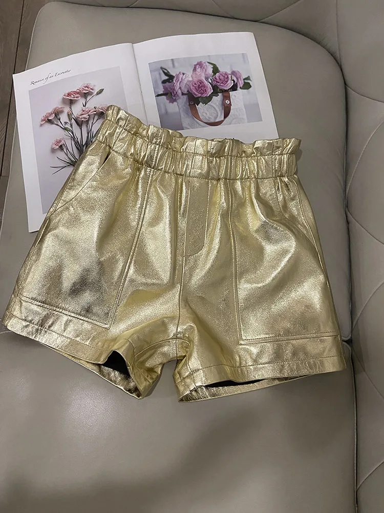 Shorts de couro genuíno feminino, calças curtas de cintura alta, shorts Shinny Golden, moda luxuosa, nova, Y2K, verão, 2022