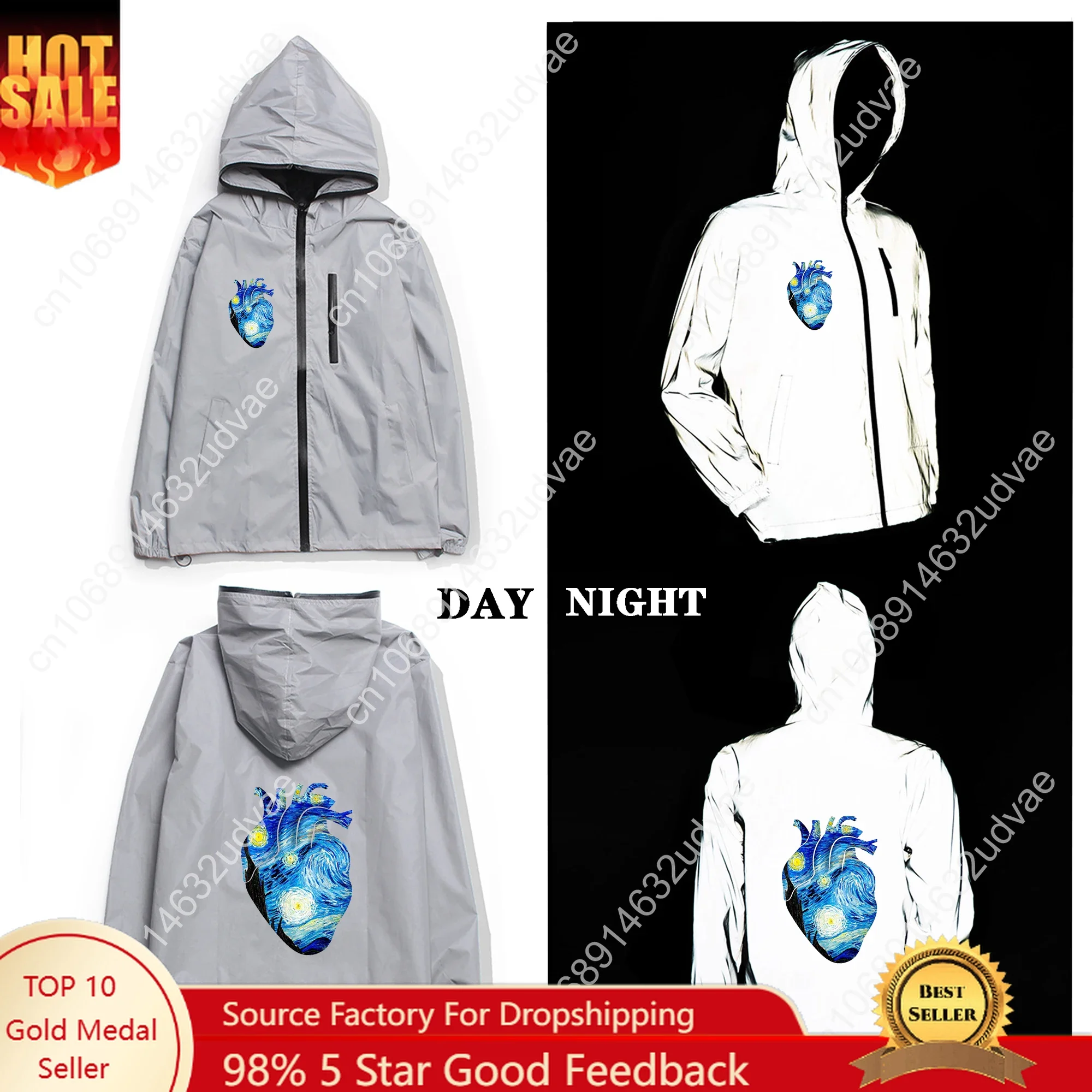 Van Gogh Starry Night Reflective Jacket Mens Womens Coat Hooded Windbreaker Run Jackets Cycling Hiking Zipper Custom Hoodie