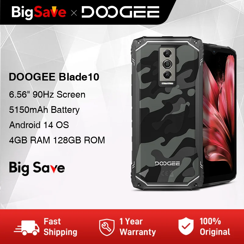 Смартфон DOOGEE Blade10 защищенный, 6,56 дюйма, 90 Гц, 4 + 128 ГБ, 5150 мА · ч, Android 14