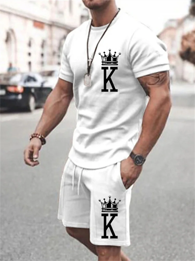 New Summer Men's Casual Suit Oversized Two-Piece Simple Casual Streetwear King Print Beach Suit Men's T-Shirt Shorts Sportswear