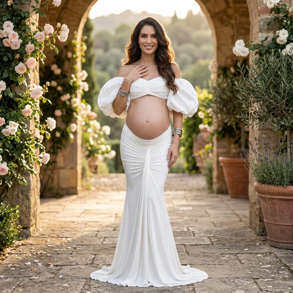Maternity Photography Dress 2 Piece Set Puff Sleeve Crop Top and Mermaid Skirt Pregnancy Photoshoot Gown YD260913