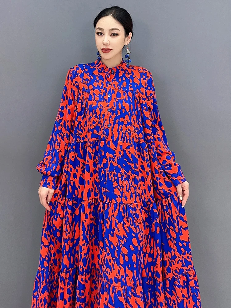 SHENGPALAE Contrast Color Dress For Women Autumn 2024 New Fashion Printed O-neck Full Sleeve Temperament A-line Vestido 5R5881