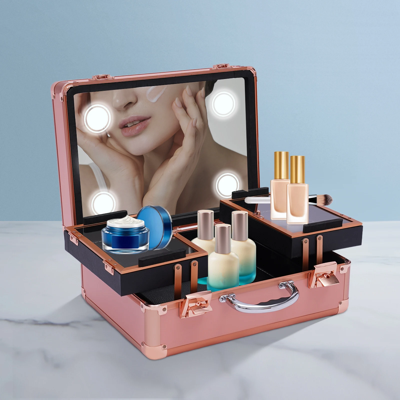 Makeup Train Case - Cosmetic Organizer Box Makeup Case with Lights and Mirror / Makeup Case with Customized Dividers