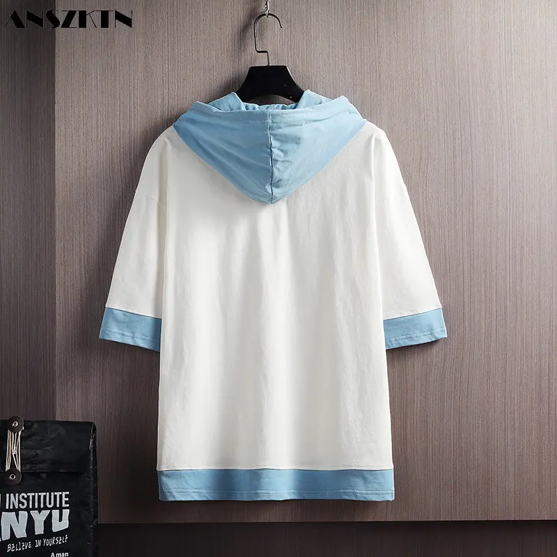 ANSZKTN 100 cotton summer hooded medium sleeve loose men's trend five-point sleeve short sleeve T-shirt