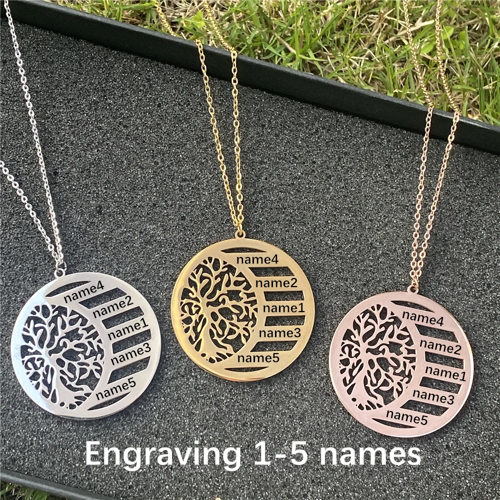 Personalized Family Tree Necklace Custom Tree Of Life Name Pendant Engraved Family Member Names Stainless Steel Jewelry Unique