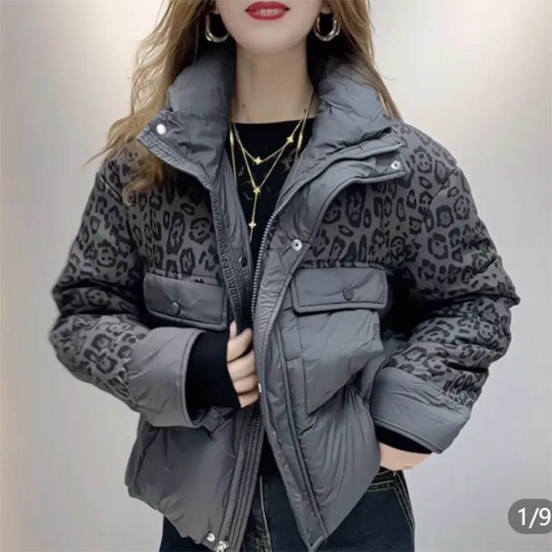 

Winter 2026 Thickened Leopard Print Top Autumn Winter Style Age-Defying Color Block Stand Collar Warm Cotton Jacket Women