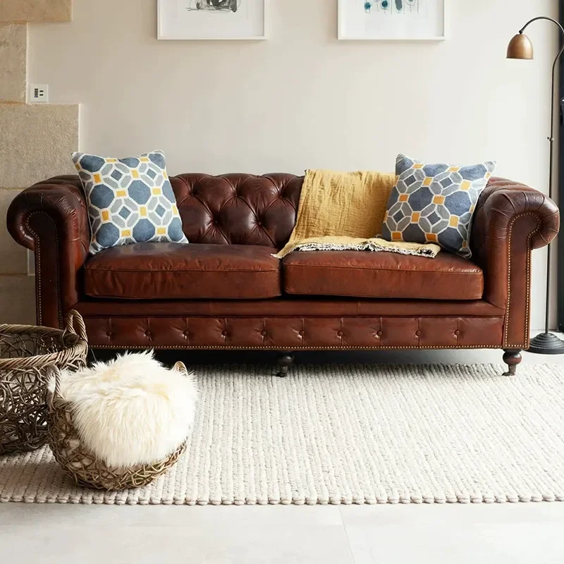 Retro Brown Leather Sofa Solid Wood Frame 3 Seater Couch Simple Style for Living Room Small Apartment Office Furniture