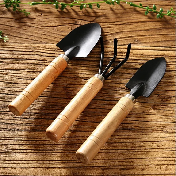 Mini Garden Shovel Rake Spade, Conjunto de ferramentas Bonsai, Cabo de madeira para flores, vaso de plantas, ferramentas para ervas daninhas, 3pcs