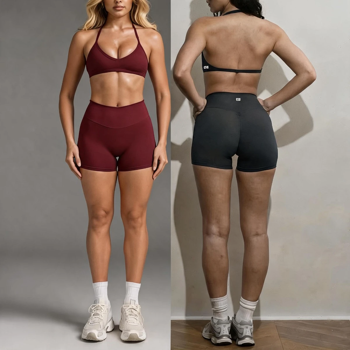 C-B Women Thin Strap Backless Sports Bra High Waist Tummy Control Yoga Shorts Stretch Gym Running Fitness Matching 2Pcs Outfit