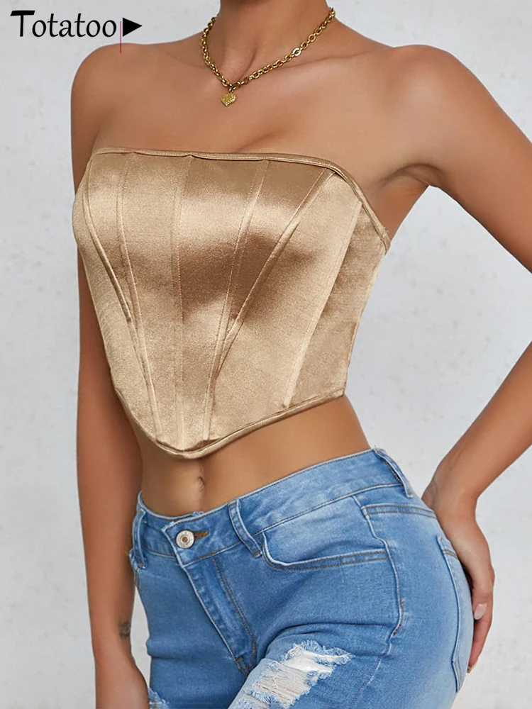 Totatoop Strpless Fish Bones Irregular Crop Tops For Women 2024 Off Shouler Backless Satin Corset Camisole Night Club Party