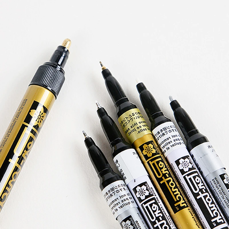 White Silver Gold Permanent Metallic Marker Pens 0.7/1.0/2.0mm Student Sketch Graffiti Art Markers Hook Liner Pen Stationery