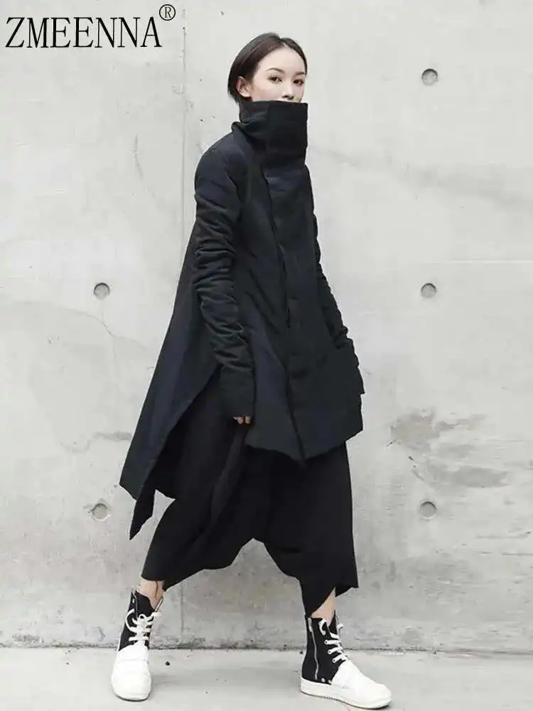 

ZMEENNA Black Lead Irregular Hooded Cotton-padded Coat Long Sleeve Loose Women Parkas Fashion Tide New Autumn Winter 2024 ZM552