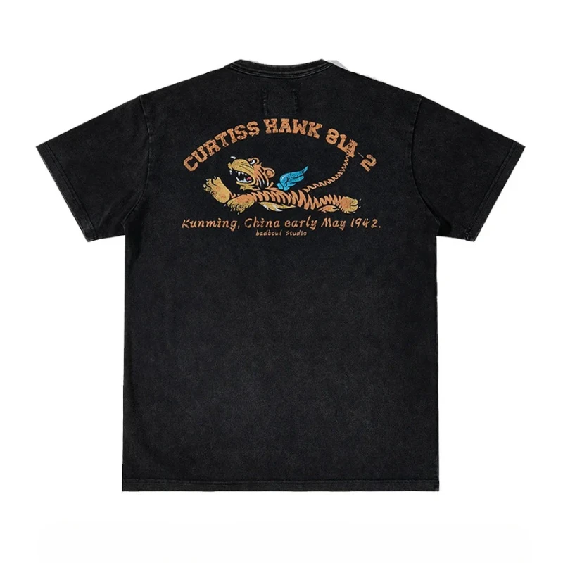 American WWII Air Force P-40 Flying Tiger AVG Printed Salt Stir Fried Old Cotton Short Sleeve Base