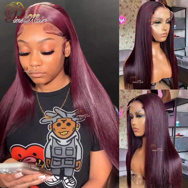 Straight Lace Front Human Hair Wigs Pre Plucked Burgundy 99J 13X4 Lace Front Wig Human Hair for Women Remy Lace Front Wig 180%