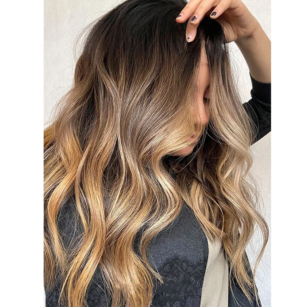 Long Middle Part Wavy Golden Blonde Brunettes Balayage Lace Front Wigs Heat Friendly Premium Synthetic Futural Wigs for Women