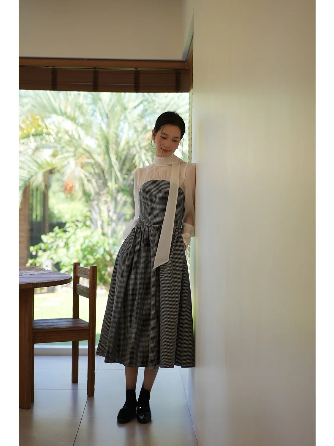 

Ele Plaid Dr Roro eep Hepburn Garden Sle Women's Faion Slimming High-End Feelings Casual Long Sve Cotton Dr