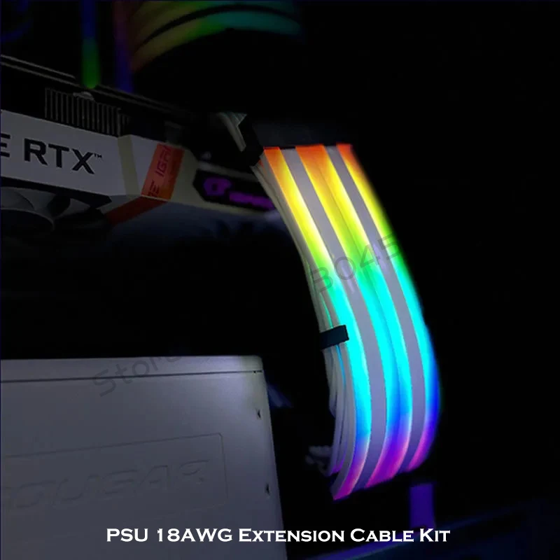 Przedłużacz zasilacza ARGB Kit ATX 24Pin + GPU 8Pin X2 X3 LED Flow Silicone Light Guide 18AWG Podobny do Lian Li Strimer Plus