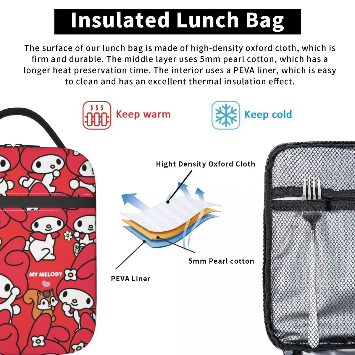 マイメロディ漫画マーチ断熱ランチバッグ仕事用食品保存袋ポータブルサーマルクーラー弁当箱