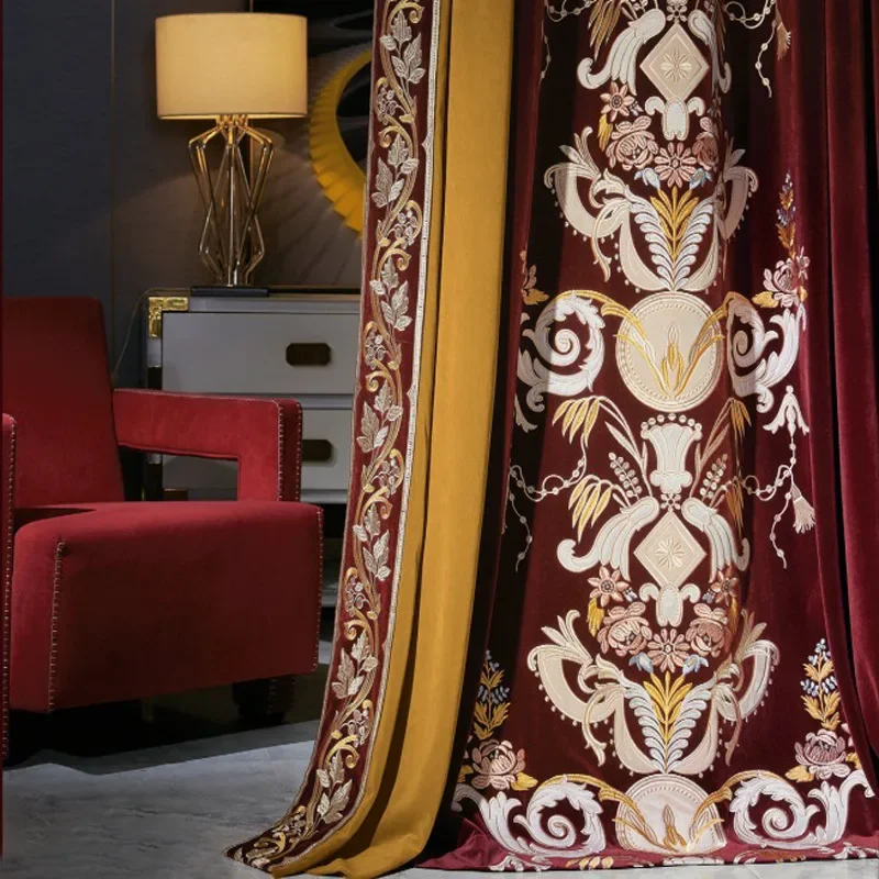 High-end Luxury European French Flannel Curtains, Living Room American Embroidery Curtains, Villa Duplex Floor Curtains