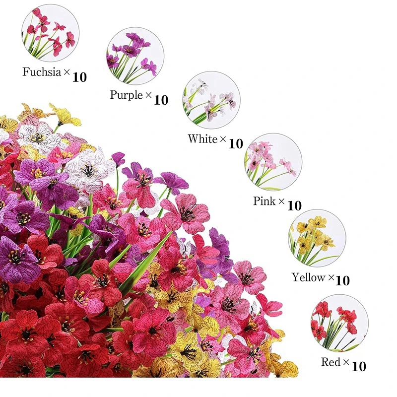 60 Bundles Artificial Flowers for Outdoor No Fade Fake Plastic Outside Flowers Faux Plants for Decoration Hanging Planters