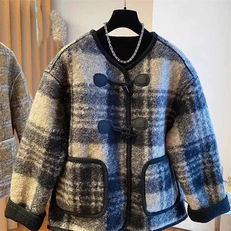 Autunno femminile splicing insieme giacca corta coreana moda donna girocollo capispalla donna casual cappotto scozzese allentato ﻿