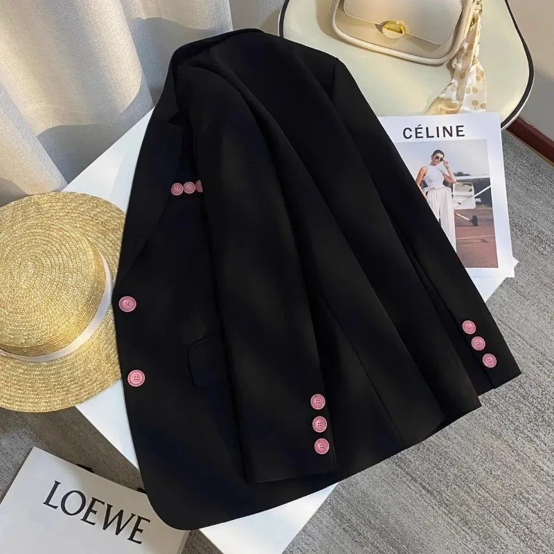 

Women's Black Blazer with Pink Buttons Korean Style Loose Casual Office Coat