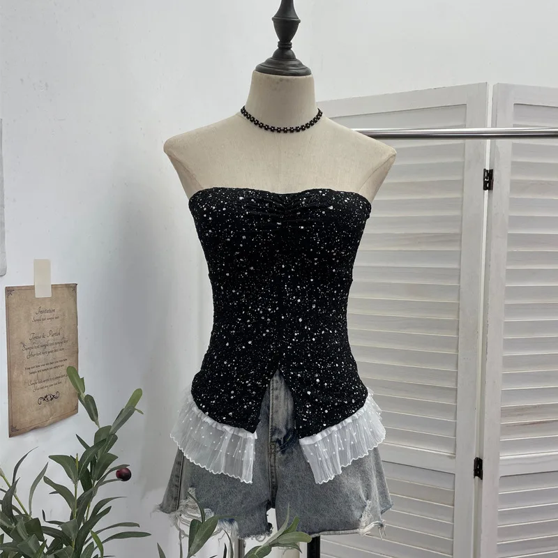 Sparkly Gold Strapless Bandeau Top with Non Slip Strip Bra Pads  Side Slit Form Fitting Short Cropped Chic Sleeveless Blouse1536
