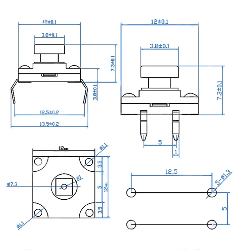 Tap switch 12*12*7.3mm square pin waterproof and dust-proof 4-pin vertical micro key switch 12X12