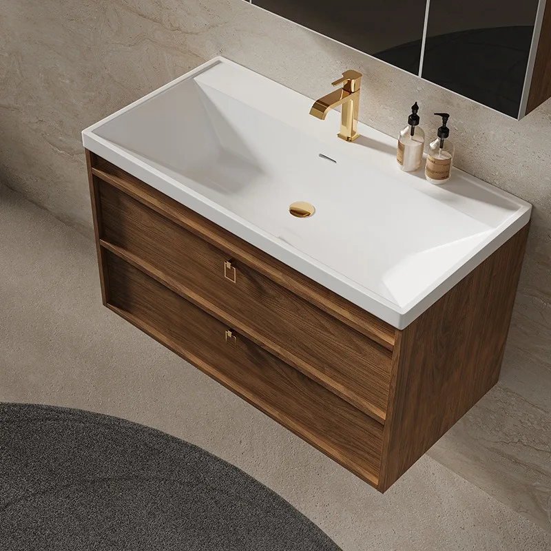 Walnut antique bathroom cabinet ceramic integrated basin toilet washstand smart mirror cabinet source factory