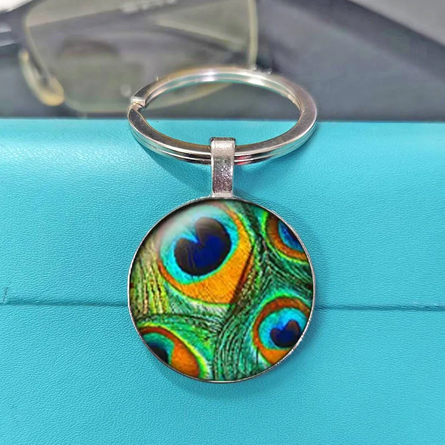 Gradient Emerald Sapphire Purple Peacock Plume Circular Glass Key Ring Elegant Charm