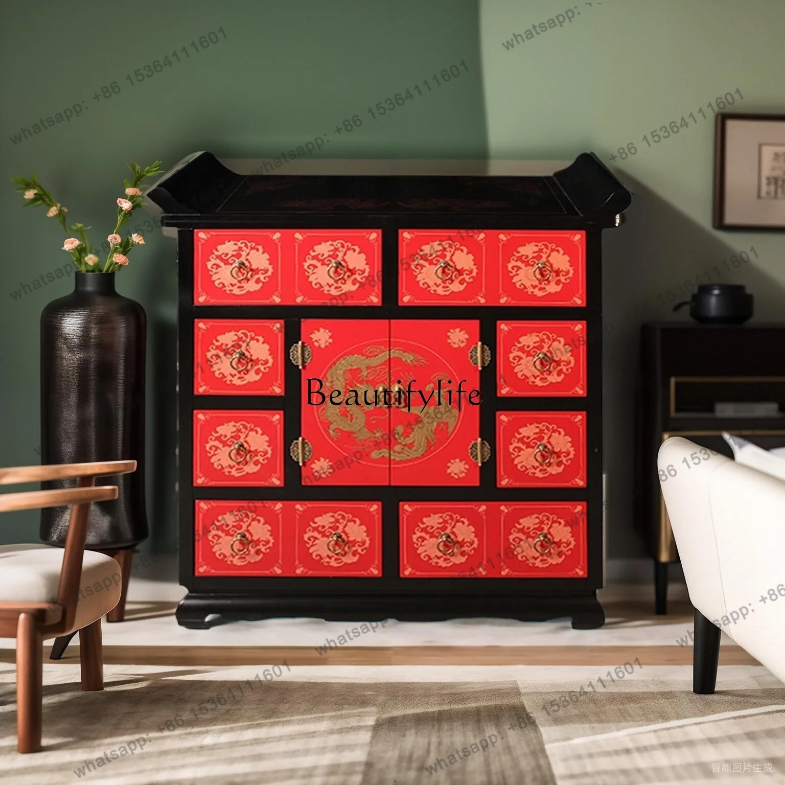 Customization New Chinese Classical Furniture Painted Two-color Eight-draw Dragon And Phoenix Warped Head Cabinet