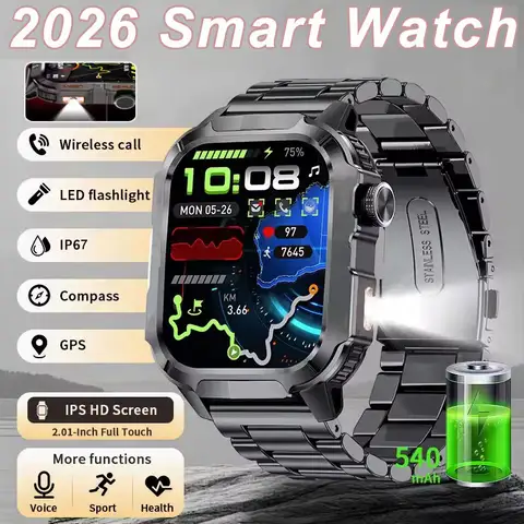 2026 New Men's Smart Watch LED Flashlight IP67 Outdoor Sports Watches Wristwatch Health Monitoring Smart Watch for IOS Android