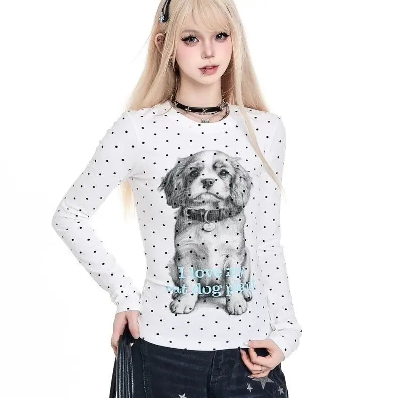 Japanisches süßes, würziges Hundemotiv-T-Shirt mit Punktdruck, Kawaii-Kleidung, Ropa De Mujer, Y2k-Top, ästhetische Camisetas, Harajuku-T-Shirt mit Grafik
