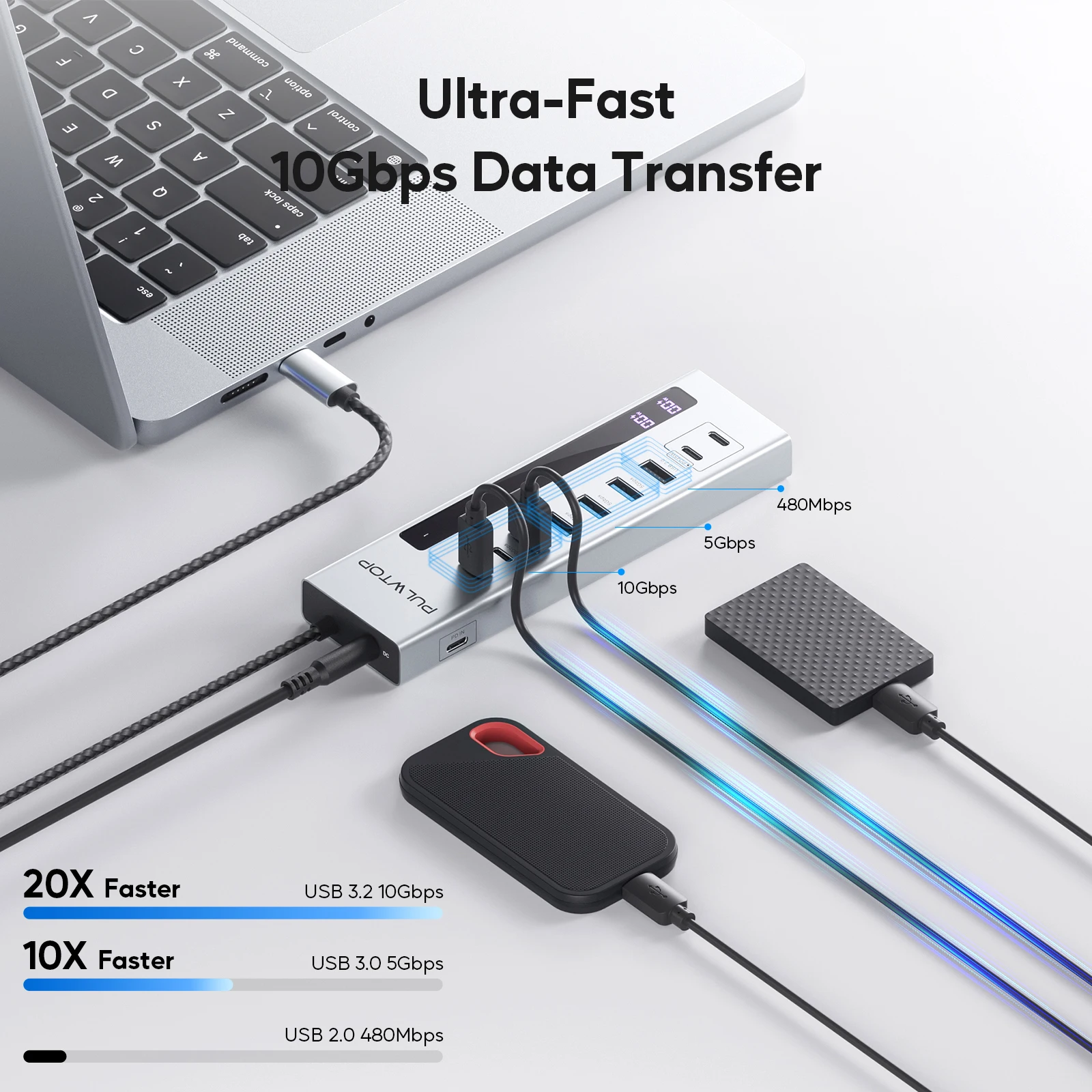 PULWTOP 10-in-1 USB C Hub Powered USB 3.2 with USB A/C 10Gbps 100W PD 24/45W Type-C Charging Ports Data Hub for USBA