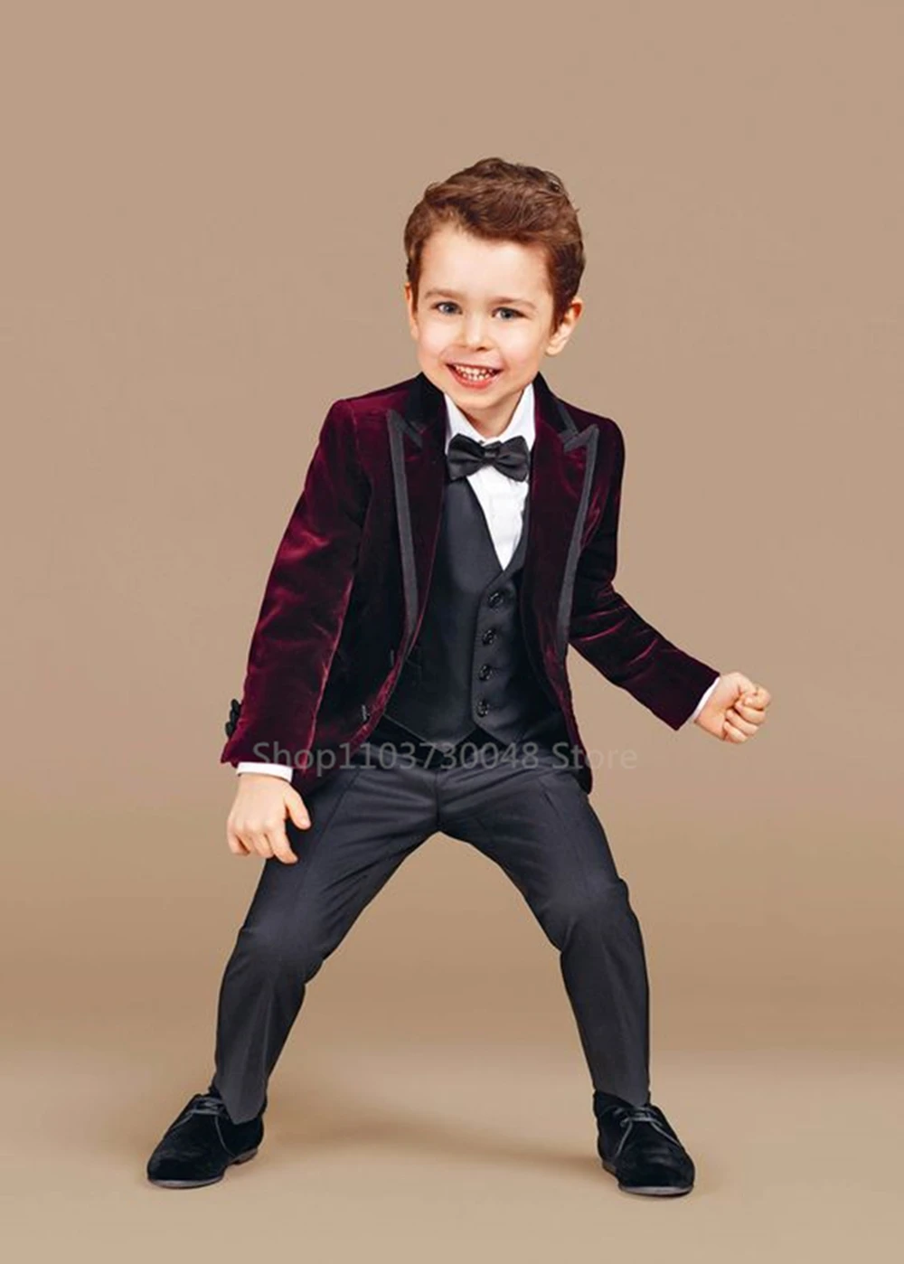 Fashion Burgundy Velvet Formal Boys Suits for Wedding Dress Elegant Children Prom Costume Kids Party  3PCS Tuxedo Clothes Sets