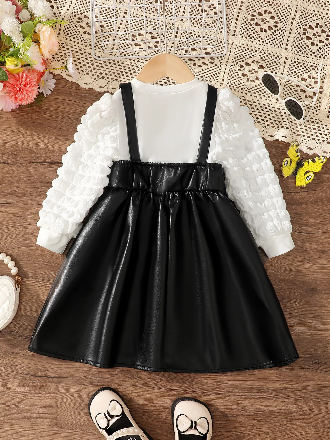 2pcs Children Girl Round Neck White Top+Black Strap Leather Skirt Set fit 4-7 Year Old Girls\' Party Fashion Clothing