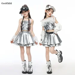 Girls K-pop Sequin Crop Top Shiny Silver Leather Skirts Kids Hip Hop Streetwear Clothes Set Child Jazz Girl Group Stage Costumes