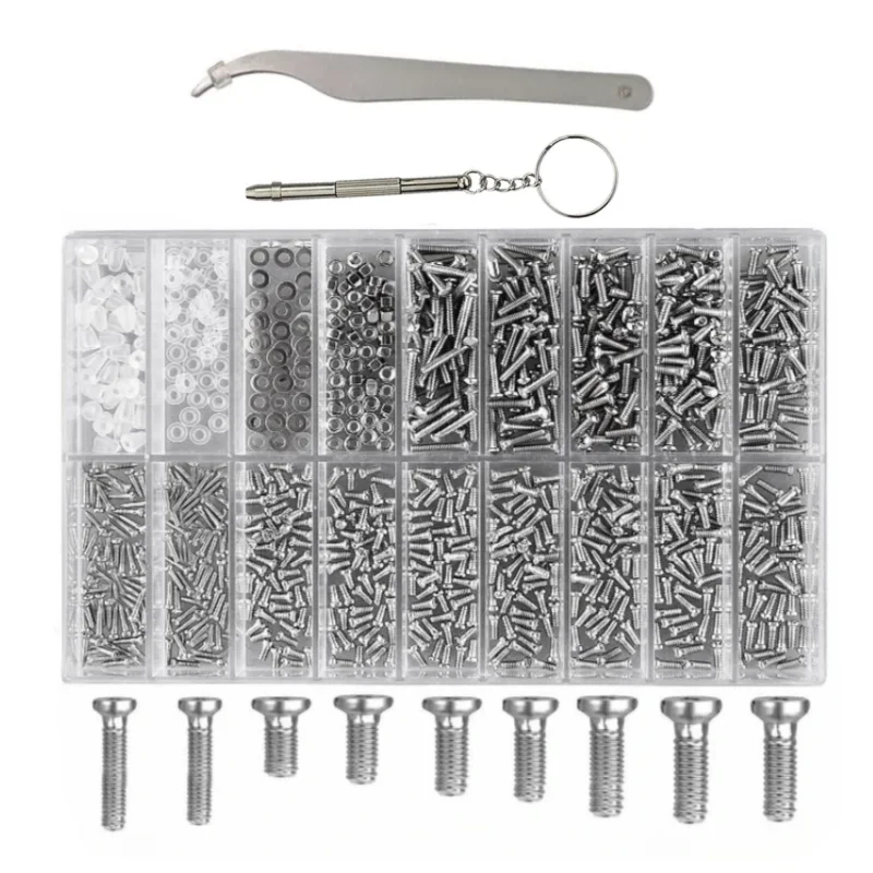 1000pcs Optical Glasses Screw Assortment Kit 18 Size Eyewear Repair Screws Set with Tools for Sunglasses Frames Fixing