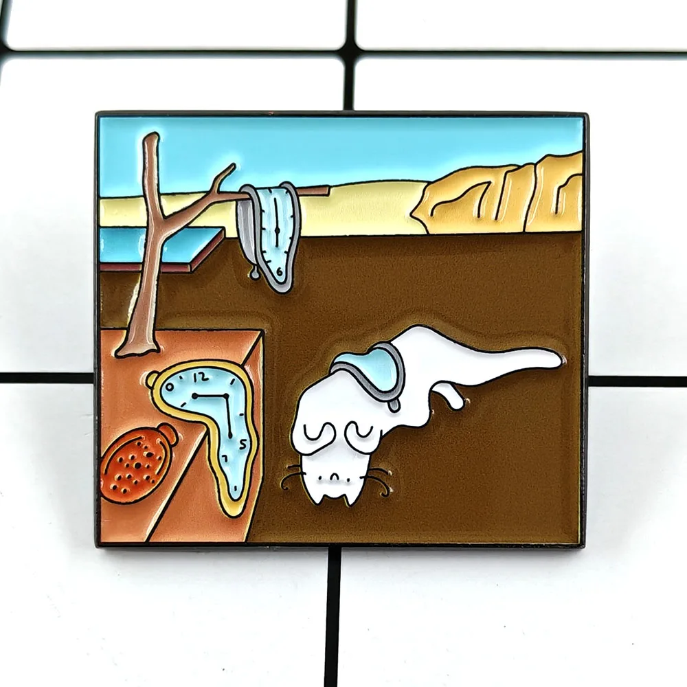 Melting Clock Cat Brooch Classic Paintings Derivative Work Badge Surrealist Fun Collection Enamel Pin Artistic Peripheral Gift