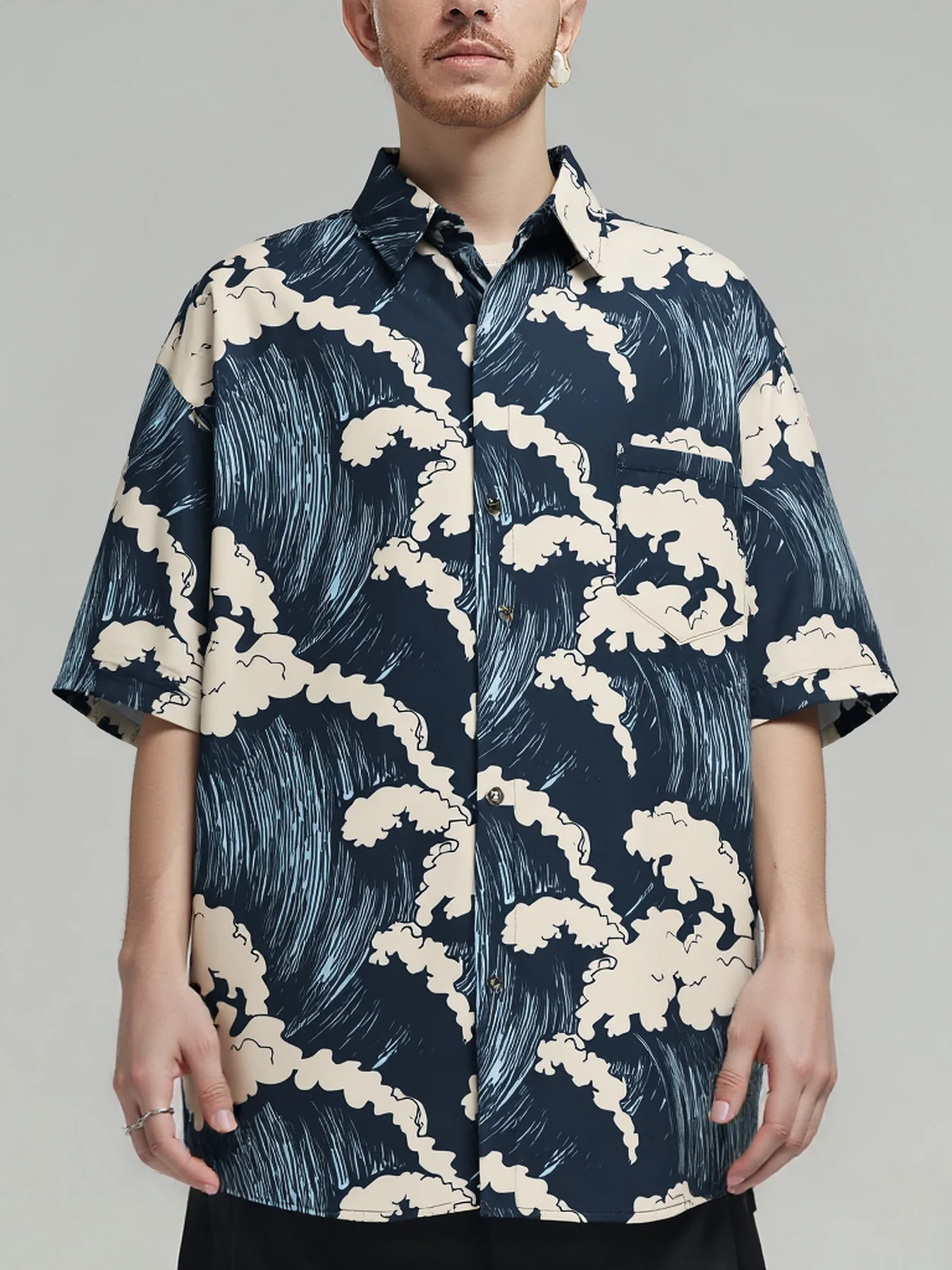Sycpman Oversized Mens Shortsleeve Shirts Summer Loose Casual Creative Printing Streetwear Fashion Casual