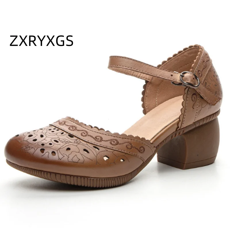 ZXRYXGS Round Toe Top Cowhide Hollow Roman Sandals 2025 New Fashion Summer Sandals Middle Heel Soft Sole Women Leather Sandals