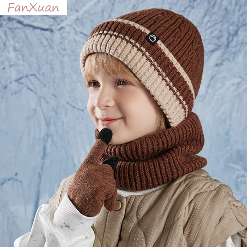 boy winter hat snood gloves set 3pcs knit striped double layers plush lining fleece-lined children winter hats sets black blue