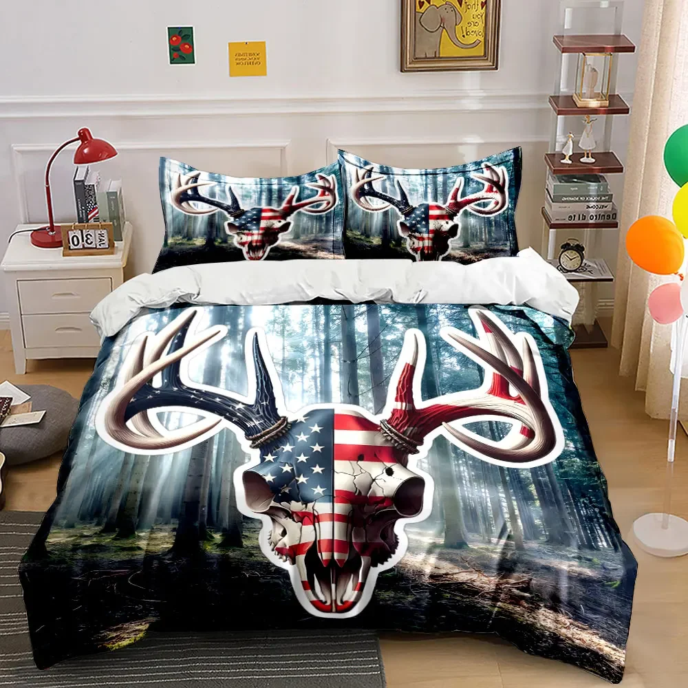 USA Flag Deer Skull Decor Set Soft Comfortable Duvet Cover Bedding Set Included 1*Duvet Cover & 2*Pillowcases, gift