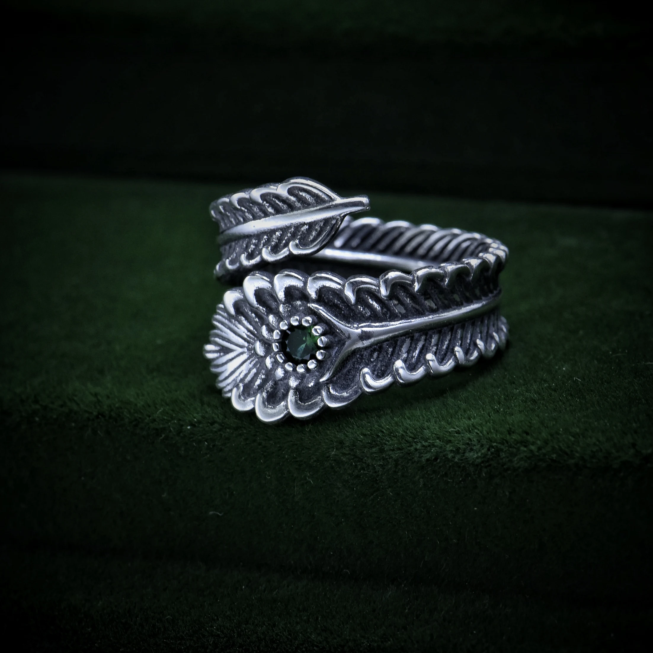 S925 sterling silver feather ring for men and women seiko stylishfashion thai silver retro distressed punk jewelry