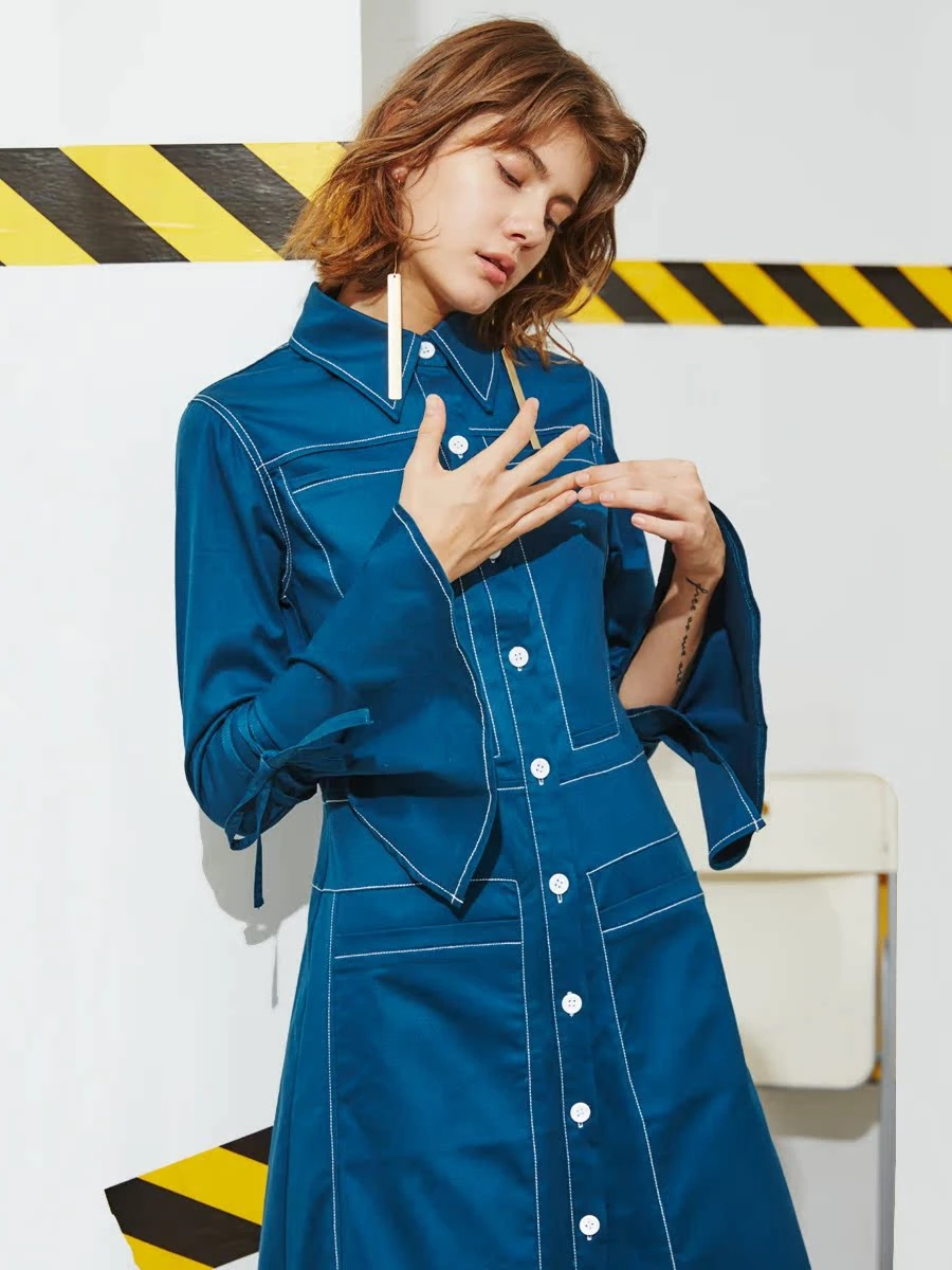 Jolan Multi High Waist Thickened Bell Sleeve Dress Women's L905 Retro Style Cotton Blend X-shaped Shirt Dress Daily Wear