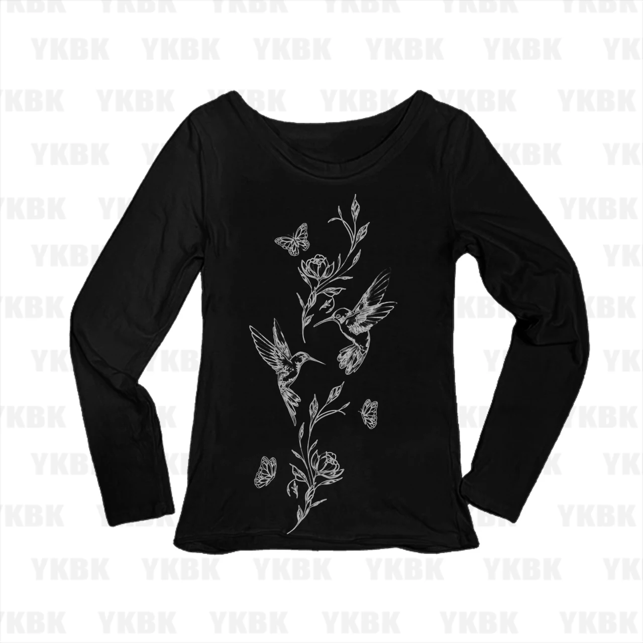 Vintage Aesthetic Women Long Sleeve Tee Sketch Hummingbird Flower Print U-neck Slim Fitted Top