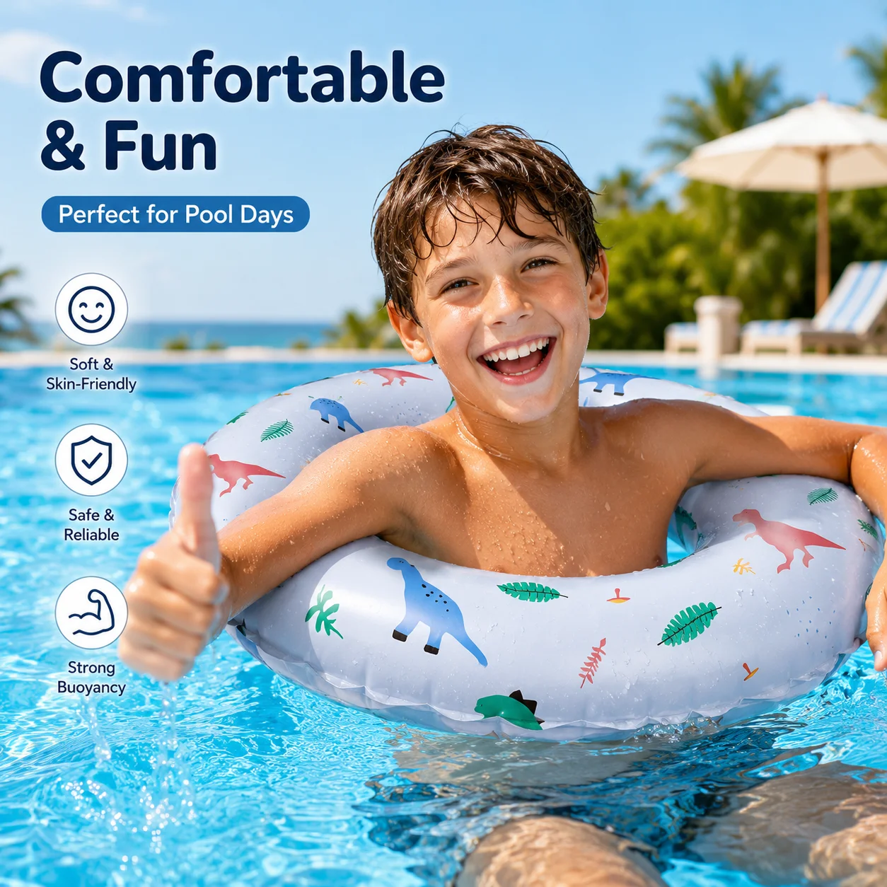 

Dinosaur Print Inflatable Swimming Ring, Soft Thick PVC Pool Float Tube 4 Sizes Foldable, Portable Floating for Beach Lake Water