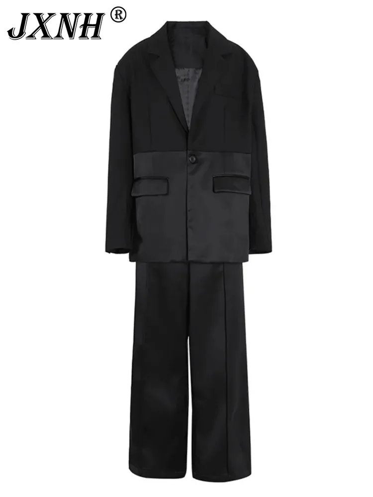 

Big Size Black Blazer Wide Leg Pants Two Piece Suit New Lapel Long Sleeve Women Fashion Tide Spring Autumn 2024