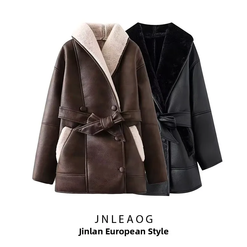 JNLEAOG Autumn New Women's Fashion Double Color Leather And Fur Integrated Windbreaker Internet Celebrity Loose Fit Pure Color