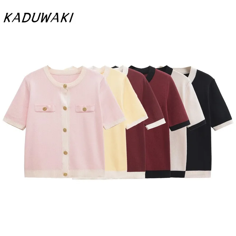 

KADUWAKI 2025 Summer New Product Women's Clothing Fashion Contrasting Color Simple O Neck Short Sleeve Knitted Cardigan 여성 반팔 니트